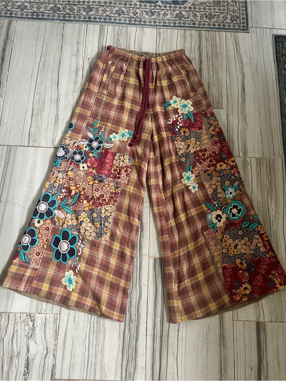 NWT Free People Brooks Embroidered Wide-Leg Patchwork Pants in Green Combo - Picture 4 of 16